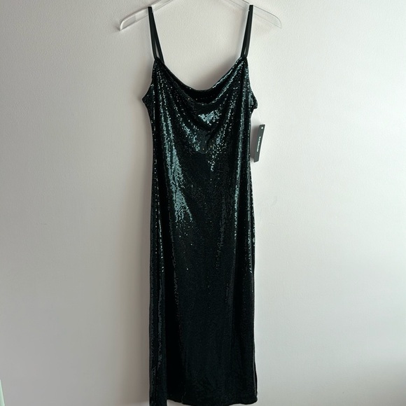 bebe size M Cowl Neck All Over Sequin Shimmer Black Stretch Maxi Dress NEW - Picture 2 of 9